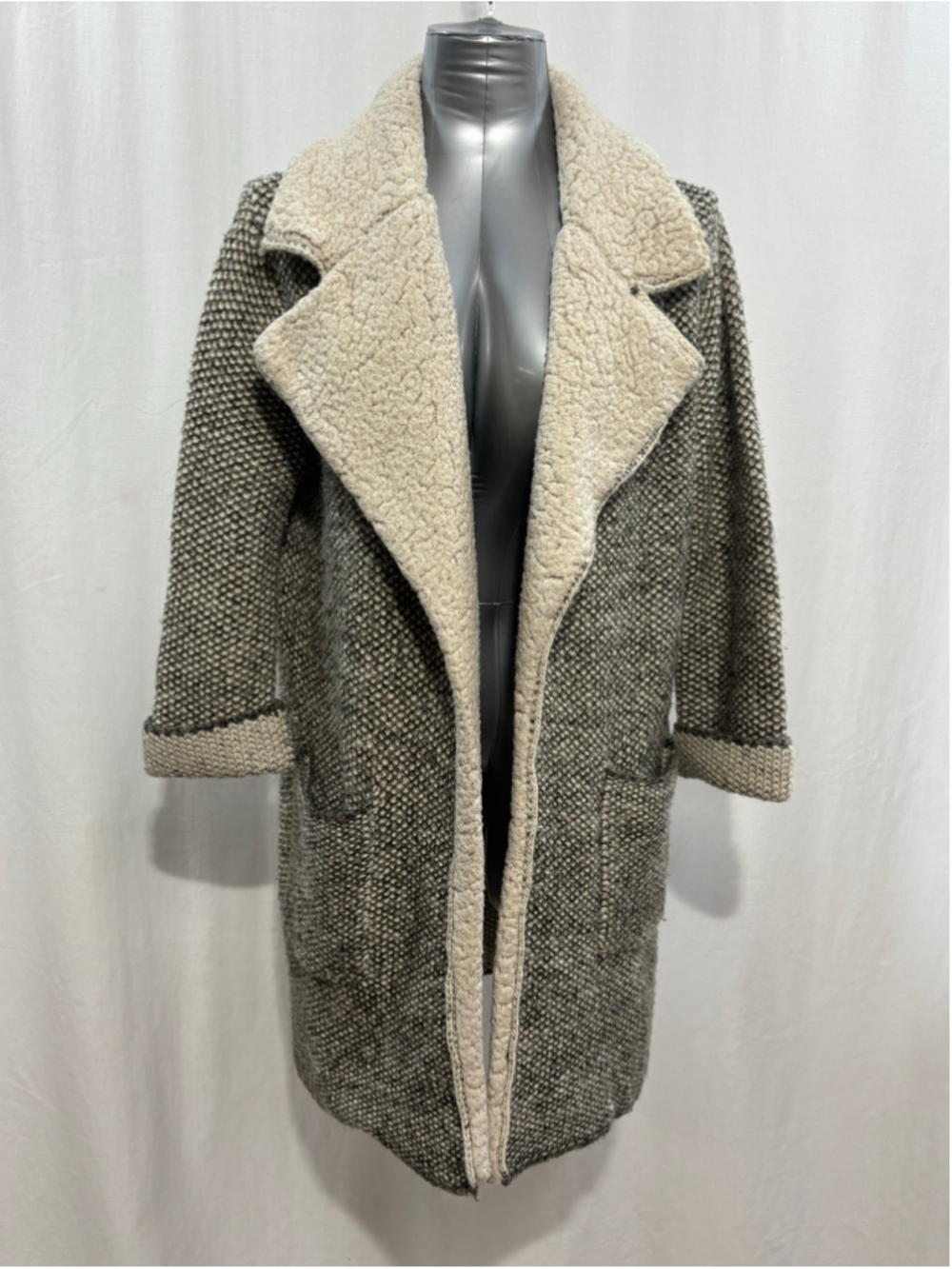 Zara Knit Faux Sherpa Collar Longline Cardigan Duster Coat Gray Beige Small 808 - Picture 2 of 6